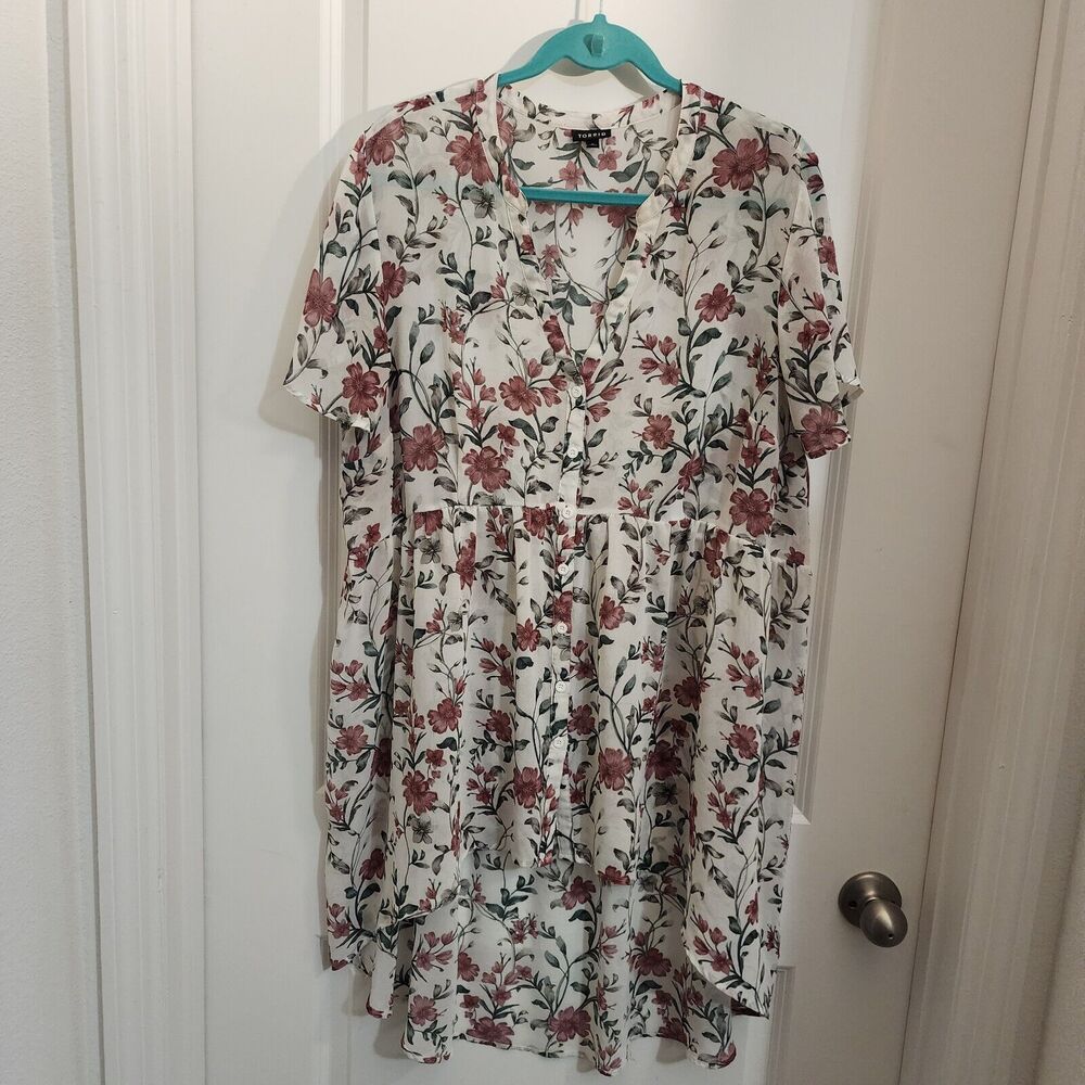 Torrid Chiffon Hi-Lo Babydoll Tunic size 2 Floral Purple Mauve Ivory Green Sheer